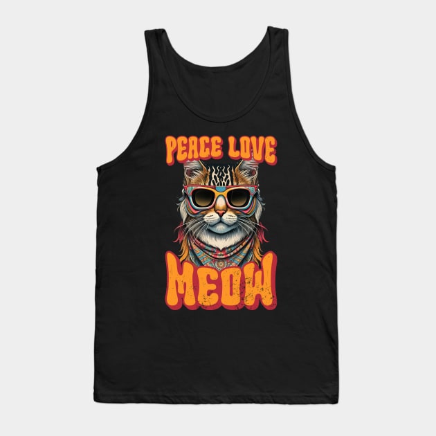 Peace Love Meow, Retro Groovy Style Hippie Cat Lover Design Tank Top by PugSwagClothing